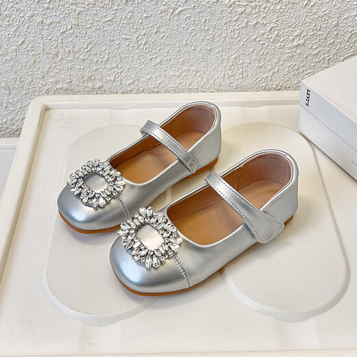 Girls' Leather Shoes 2026 Spring and Autumn New Rhinestone Versatile Children's Princess Shoes Non-Slip Soft Bottom Flat Shoes Champagne Color Single Layer 27 Inner Length 17.5cm