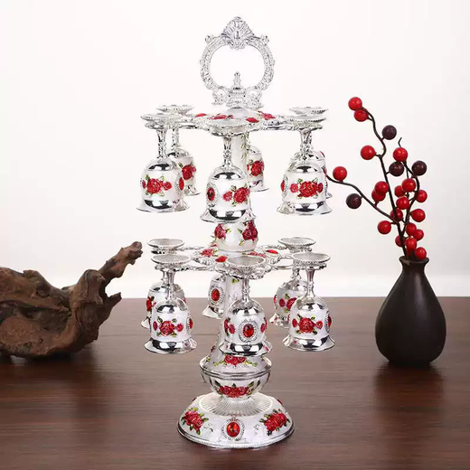 Yusenyi Selected Wineware Set Metal European White Wine Glass Double-layer Cup Holder 6 Cups 12-cup Wineware Set Retro Enamel Wine Double-layer Rich Silver White Red Flower