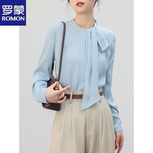 ROMON ribbon blue shirt for women spring new temperament professional commuting shirt high-end satin top blue suitable for spring and summer S