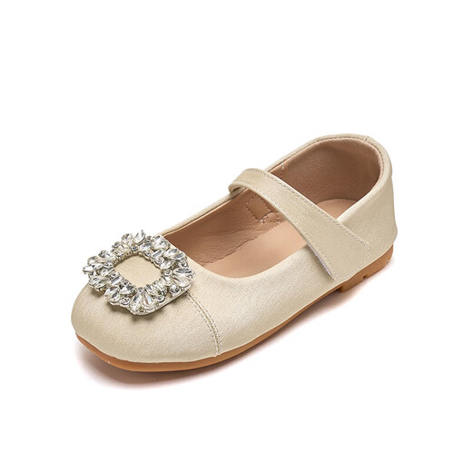 Girls' Leather Shoes 2026 Spring and Autumn New Rhinestone Versatile Children's Princess Shoes Non-Slip Soft Bottom Flat Shoes Champagne Color Single Layer 27 Inner Length 17.5cm