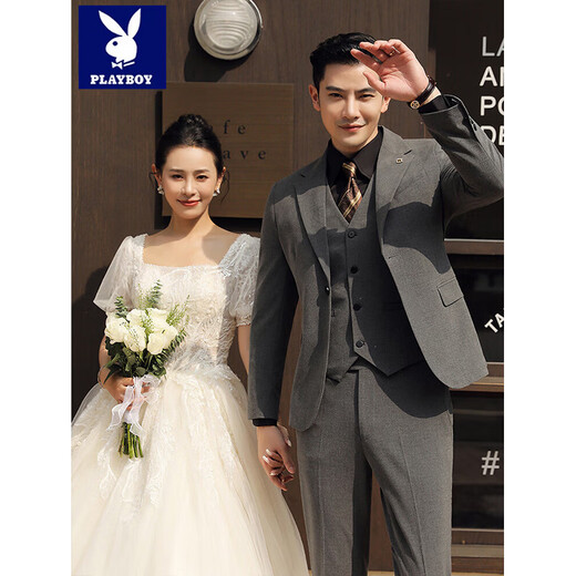 Playboy (PLAYBOY) Business Professional Formal Wear Groom Wedding Suit Suit Men's Korean Slim Dress Suit British Top Men Gray Single Button Suit+Pants+Tie XL Recommended 120-135Jin Jin equals 0.5 kg