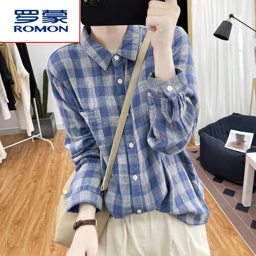 ROMON 100% cotton shirt women's thin double-layer fabric spring and autumn long-sleeved high-quality plaid lapel age-reducing loose top red XL recommended 115-130