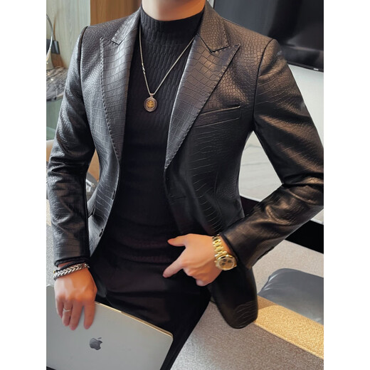 SEPTWOLVES crocodile leather suit jacket men's autumn and winter 2025 new style British casual handsome slim suit top black M (95-115Jin Jin equals 0.5 kg)