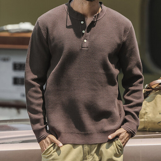 Chaoyugong American trendy brand Henry collar men's sweater loose casual handsome textured waffle sweater men's red coffee L