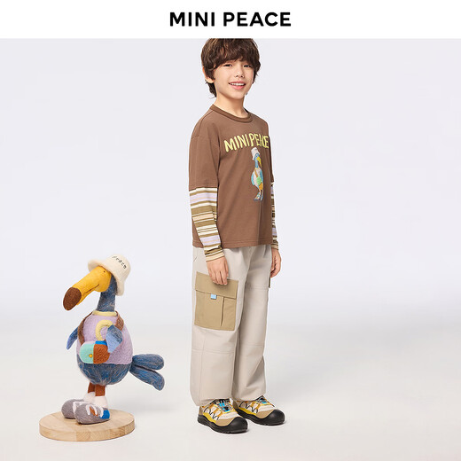 MiniPeace counter same sports series PEACEBIRD children's clothing boys' long-sleeved T-shirt fake two-piece spring clothes partridge brown 110