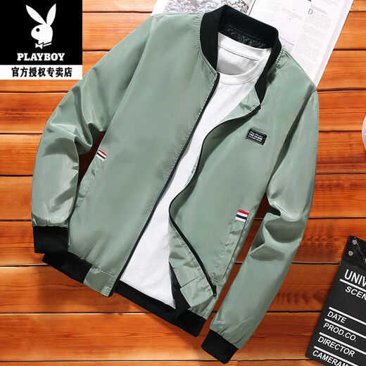 Playboy (PLAYBOY) Men's Casual Jacket 2026 Spring and Autumn New Stand Collar High-end Trendy Baseball Uniform Short Version Windbreaker Men's Small Square Bean Green M Recommended 80-95Jin Jin is equal to about 0.5 kg