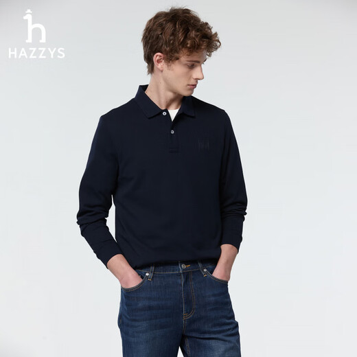 HAZZYS Men's Clothing Spring and Autumn Pure Cotton Men's Tops Commuting Lapel Long Sleeve T-Shirts for Men ABTZE0DAF01 Dark Navy Blue DN M (170/92A 46)