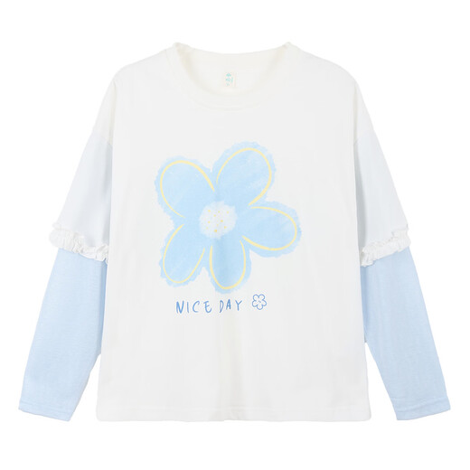 Xiaoyinman children's clothing girls pure cotton T-shirt fake two-piece 26 spring middle and older girls flower printed bottoming shirt off-white 150