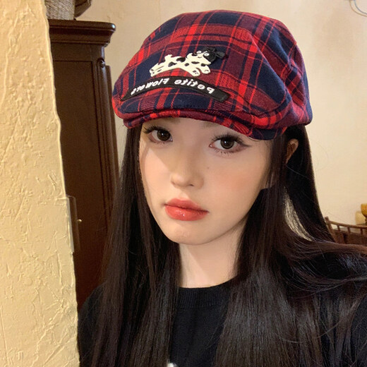 Xiaohongshu Korean style red plaid puppy forward hat for women spring and autumn all-match niche beret big head circumference red plaid M (5658cm)