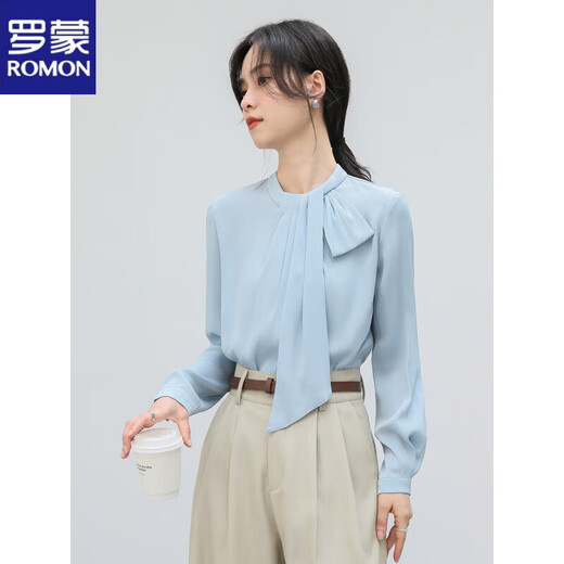 ROMON ribbon blue shirt for women spring new temperament professional commuting shirt high-end satin top blue suitable for spring and summer S