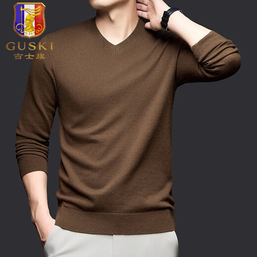 GUSKI light luxury brand high-end men's pure woolen sweater casual sweater business warm knitted round neck casual bottoming shirt log brown exquisite gift box M (105)