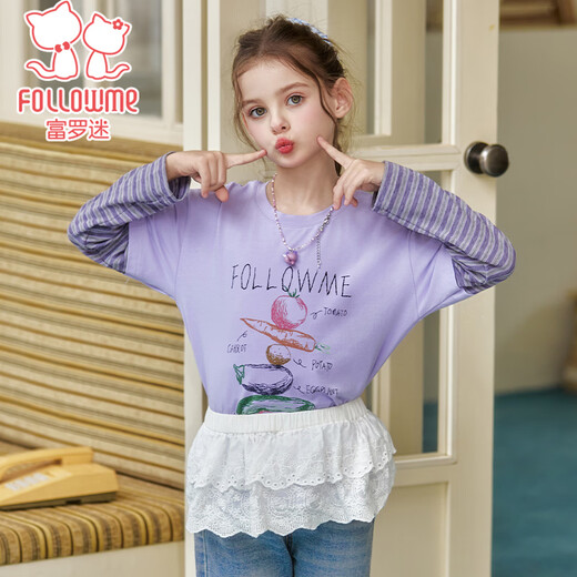 Fuluomi girls fake two-piece T-shirt spring new casual striped stitching long-sleeved T-shirt purple 110