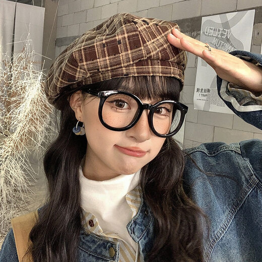 Spring and Autumn Octagonal Hat Women's Retro Newsboy Hat Niche Casual Plaid Beret Progressive Hat Khaki One Size