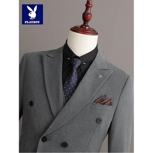 Playboy (PLAYBOY) 2026 double-breasted suit suit men's business formal wear high-end suit groom wedding dress slim jacket medium gray single suit XL recommended 120-135 Jin Jin equals 0.5 kg