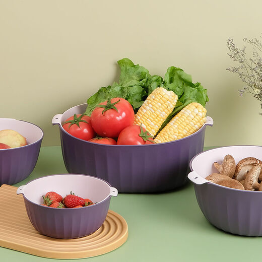 Sanqihu Double-layered Drainage Basket Kitchen Fruit Plate Washing Fruit and Vegetable Basket Green + Small + Medium + Large