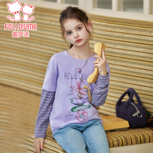 Fuluomi girls fake two-piece T-shirt spring new casual striped stitching long-sleeved T-shirt purple 110