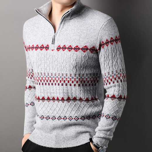 Year of the Horse zodiac year red 480g thickened pure wool sweater men's zipper turtleneck New Year sweater light gray L 175/110