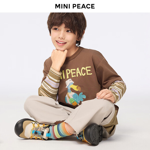 MiniPeace counter same sports series PEACEBIRD children's clothing boys' long-sleeved T-shirt fake two-piece spring clothes partridge brown 110