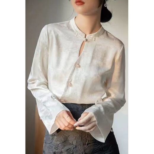 Playboy (PLAYBOY) Chinese button-up shirt 2026 jacquard new spring national style satin design retro long-sleeved top stand collar official flagship apricot color S 94Jin Jin equal to 0.5 kg or less