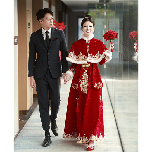 Shijanu Pregnant Women's Toast Wear Bride 2025 New Chinese Style Cheongsam Wedding Engagement Dress Large Size Fat mm Xiuhe Autumn and Winter Burgundy F0189-With Shawl (shawl detachable)_Length 138cm or so XS