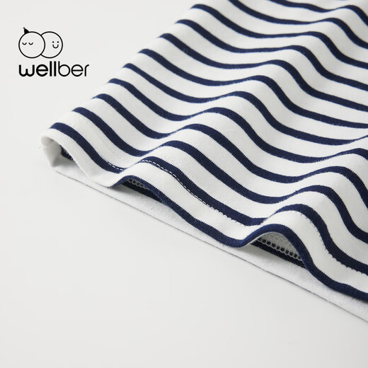 WELLBER children's T-shirt spring and autumn new long-sleeved T-shirt striped versatile contrasting color splicing top baby inner wear pure cotton for children and middle-aged children basic model navy 90