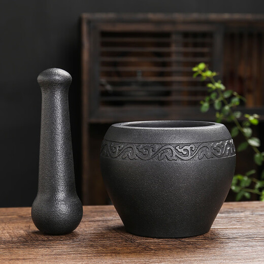 Miaopule natural black gold stone bowl pepper grinder, old-fashioned stone cup, traditional stone mortar, garlic pounding tool with stone scoop, easy black gold stone outer diameter 13, plain water drop shape design