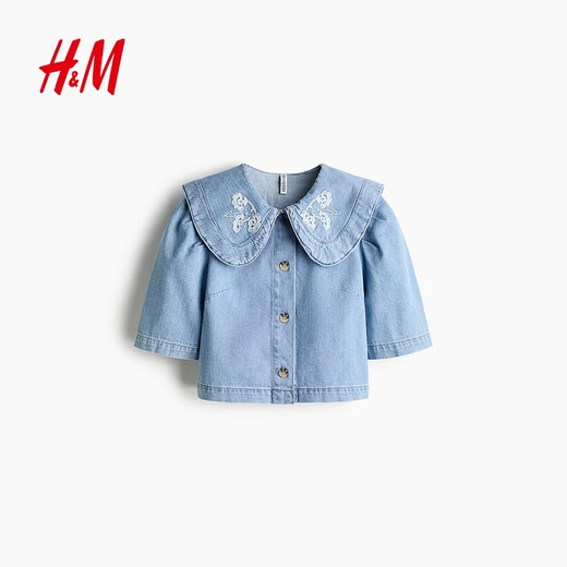 H&M Women's Shirt 2026 Spring New Collared Denim Fashion Trend Short Denim Jacket 1316675 Light Denim Blue/Flower XS 155/80
