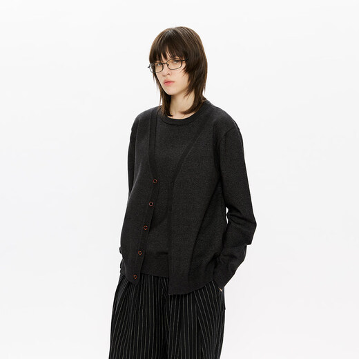 Kreate wool lyocell cloud-like double-stranded fake two-piece old money style loose knitted cardigan jacket for men in autumn and winter black gray S