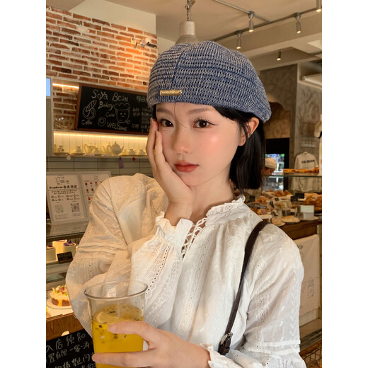 Xiaohongshu Korean-style retro hollow knitted beret for women with big head and face, small literary and versatile art reverse blue M (5658cm)
