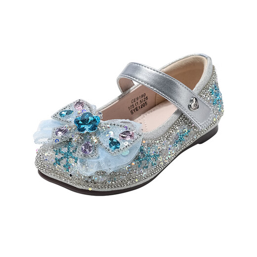 Belle Children's Shoes 26 Spring New Girls Flash Diamond Gem Bow Princess Shoes Soft Sole Comfortable Leather Shoes Baby Rhinestone Shoes Silver 25 Suitable for Feet Length Approximately 14.9-15.3cm