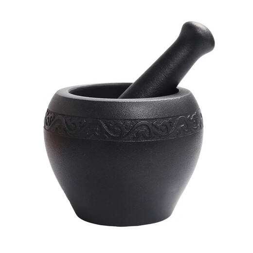 Miaopule natural black gold stone bowl pepper grinder, old-fashioned stone cup, traditional stone mortar, garlic pounding tool with stone scoop, easy black gold stone outer diameter 13, plain water drop shape design