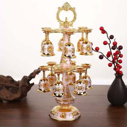 Yusenyi Selected Wineware Set Metal European White Wine Glass Double-layer Cup Holder 6 Cups 12-cup Wineware Set Retro Enamel Wine Double-layer Rich Silver White Red Flower