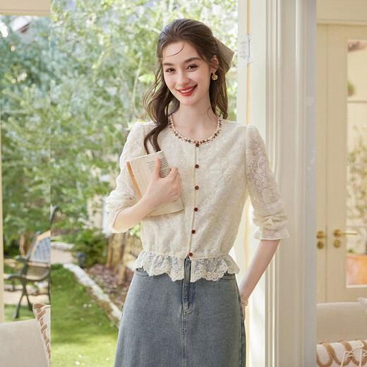 Bailuyu sweet ruffled cuff shirt 26 spring new style French style embroidered shirt for women apricot M
