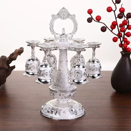 Yusenyi Selected Wineware Set Metal European White Wine Glass Double-layer Cup Holder 6 Cups 12-cup Wineware Set Retro Enamel Wine Double-layer Rich Silver White Red Flower