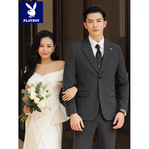 Playboy (PLAYBOY) Business Professional Formal Wear Groom Wedding Suit Suit Men's Korean Slim Dress Suit British Top Men Gray Single Button Suit+Pants+Tie XL Recommended 120-135Jin Jin equals 0.5 kg