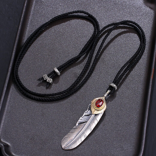 Fanqiu Jewelry 925 Silver Takahashi Goro Set Chain Turquoise Taijiang Feather Men's Silver Necklace Women's Men's Sweater Chain Red Zirconium Feather Plus the Price of the Versatile Rope in the Picture