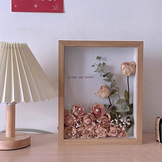Chinese Valentine's Day gift hollow three-dimensional photo frame dried flowers preservation handmade creative diy picture frame eternal rose specimen table solid wood color + ribbon + glue + bottom paper + lanterns 10 inches suitable for 5-10 flowers