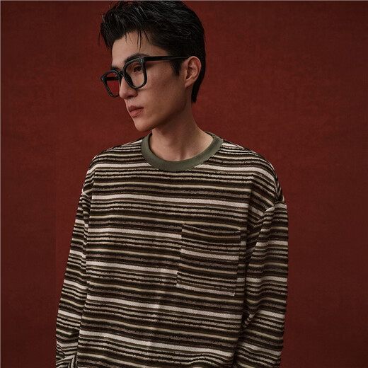 Giordano Designer 2026 Spring New Style Pocket Loose Round Neck Striped T-Shirt Men's Long Sleeve 18026703 05 Brown Green Striped M