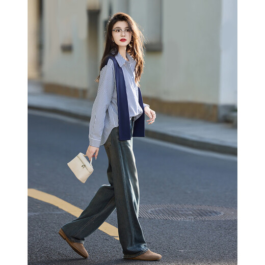 Demana shawl decorative shirt, spring and autumn lapel loose striped long-sleeved off-shoulder shirt for women