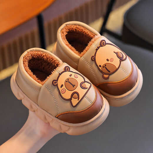 Shiniao Kapibala Children's Cotton Slippers Autumn and Winter Warm Plus Velvet Baby Boys and Girls Indoor Non-Slip Waterproof Slippers Light Coffee (Heel) 24.5 (Shoe Inner Length 15CM Suitable for Foot Length 14CM)