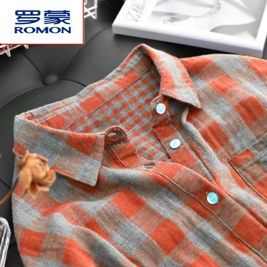 ROMON 100% cotton shirt women's thin double-layer fabric spring and autumn long-sleeved high-quality plaid lapel age-reducing loose top red XL recommended 115-130