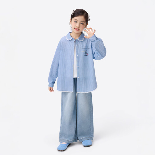 Xiaoyinman girls striped shirt hand-painted printing 26 new spring medium and large children and girls pure cotton lapel top jacket