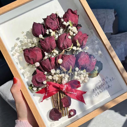 Chinese Valentine's Day gift hollow three-dimensional photo frame dried flowers preservation handmade creative diy picture frame eternal rose specimen table solid wood color + ribbon + glue + bottom paper + lanterns 10 inches suitable for 5-10 flowers