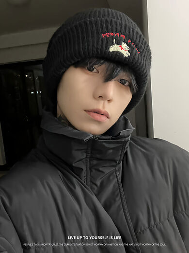 Puppy embroidered thick knitted hat for men 2025 new autumn and winter atmosphere headband warm windproof woolen hat black one size one size elastic