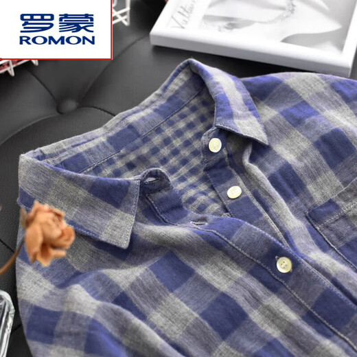 ROMON 100% cotton shirt women's thin double-layer fabric spring and autumn long-sleeved high-quality plaid lapel age-reducing loose top red XL recommended 115-130