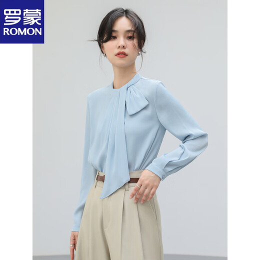ROMON ribbon blue shirt for women spring new temperament professional commuting shirt high-end satin top blue suitable for spring and summer S
