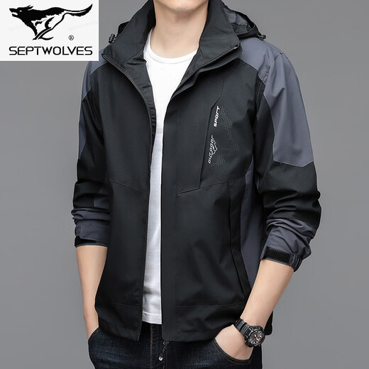 Septwolves 2026 Spring and Autumn New Hooded Jacket Men's High-End Casual Sports Couple Jacket Trendy Brand Jacket Men Black L