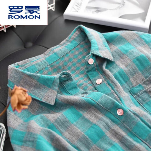 ROMON 100% cotton shirt women's thin double-layer fabric spring and autumn long-sleeved high-quality plaid lapel age-reducing loose top red XL recommended 115-130