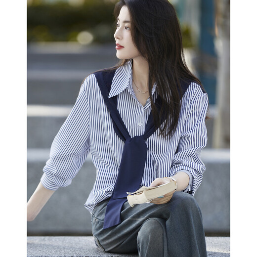 Demana shawl decorative shirt, spring and autumn lapel loose striped long-sleeved off-shoulder shirt for women