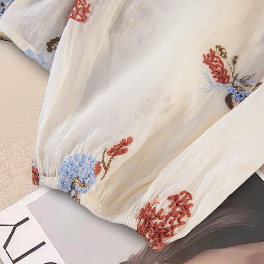 Shechi short shirt 2026 spring new women's fashion contrasting color embroidery loose round neck long-sleeved shirt apricot M